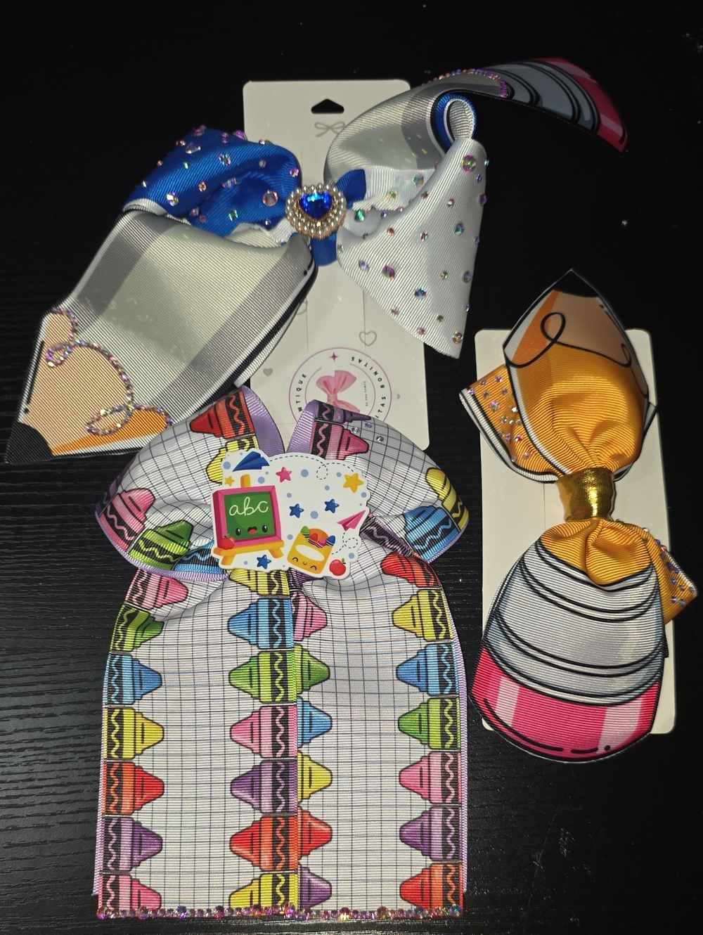 Kids Multicolor Crayon & Gem Hair Bow Set - Playful School-Themed Accessories